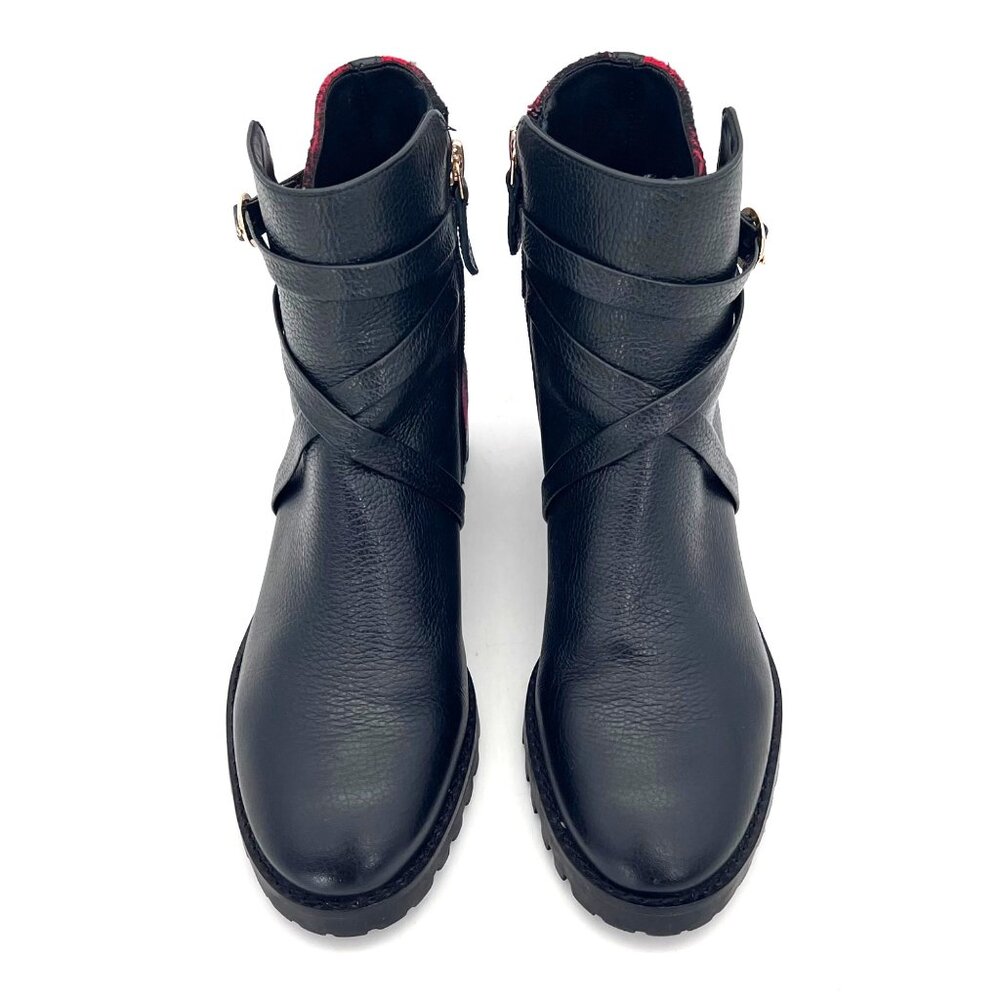 Talbots Black Leather Ankle Boots Womens Size 5M Red Plaid Accent Zip & Buckle - Picture 5 of 14